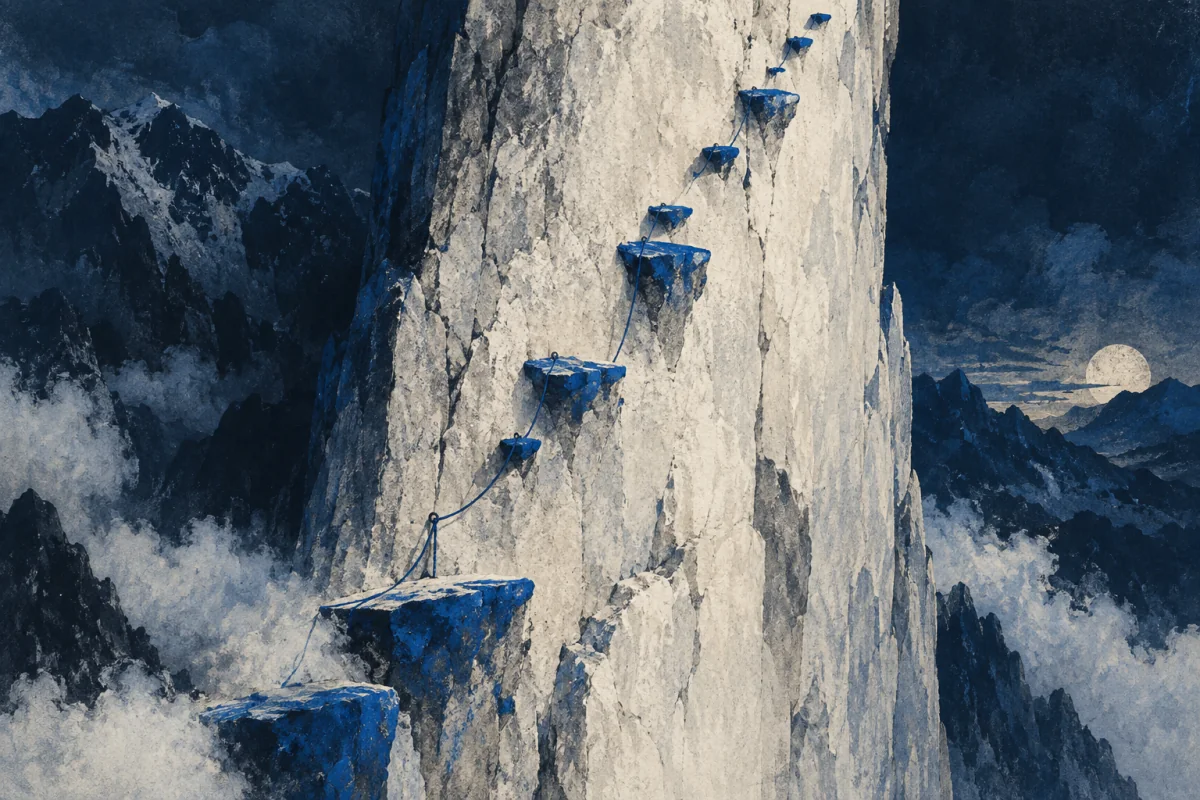 An ivory vertical surface with cobalt footholds and a suspended route.