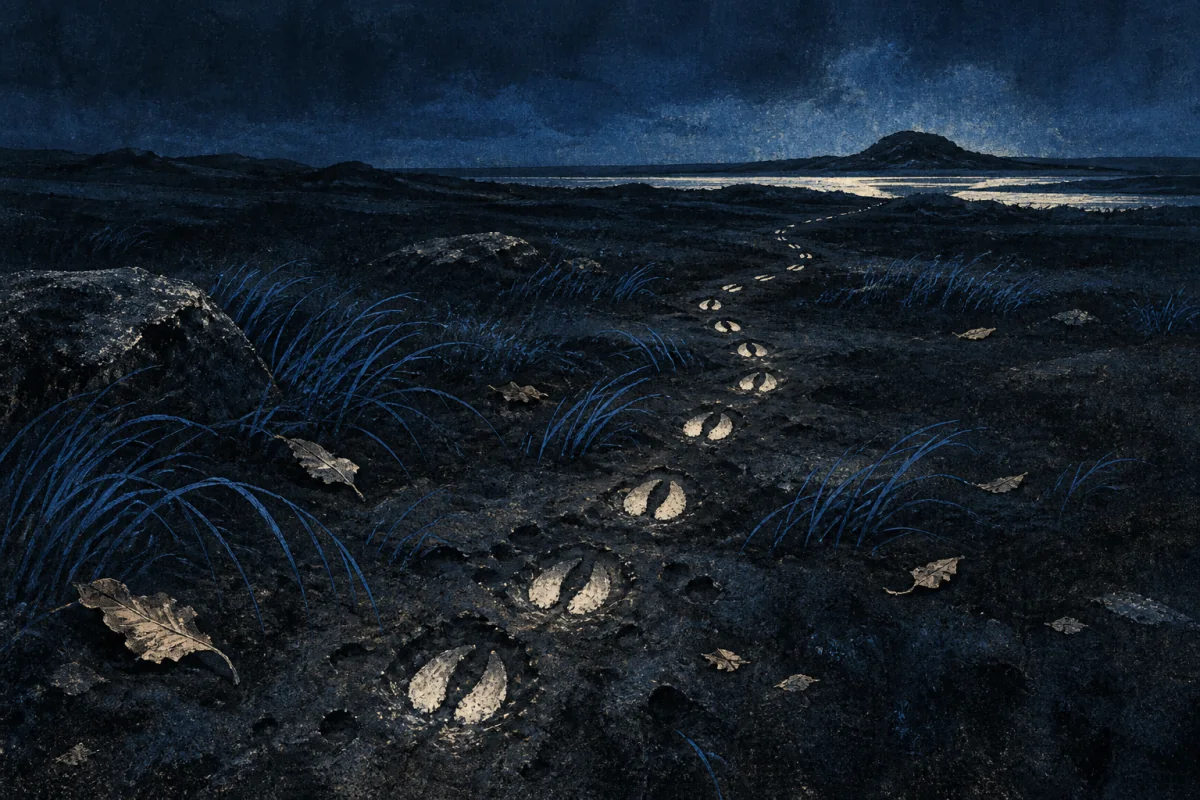 A trail of impressions and bent grass resolving into a route.