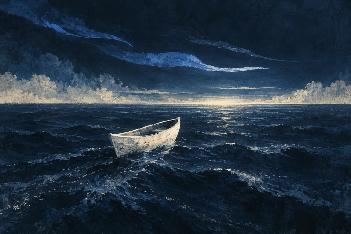 An empty ivory hull crossing midnight water under cobalt wind ribbons.