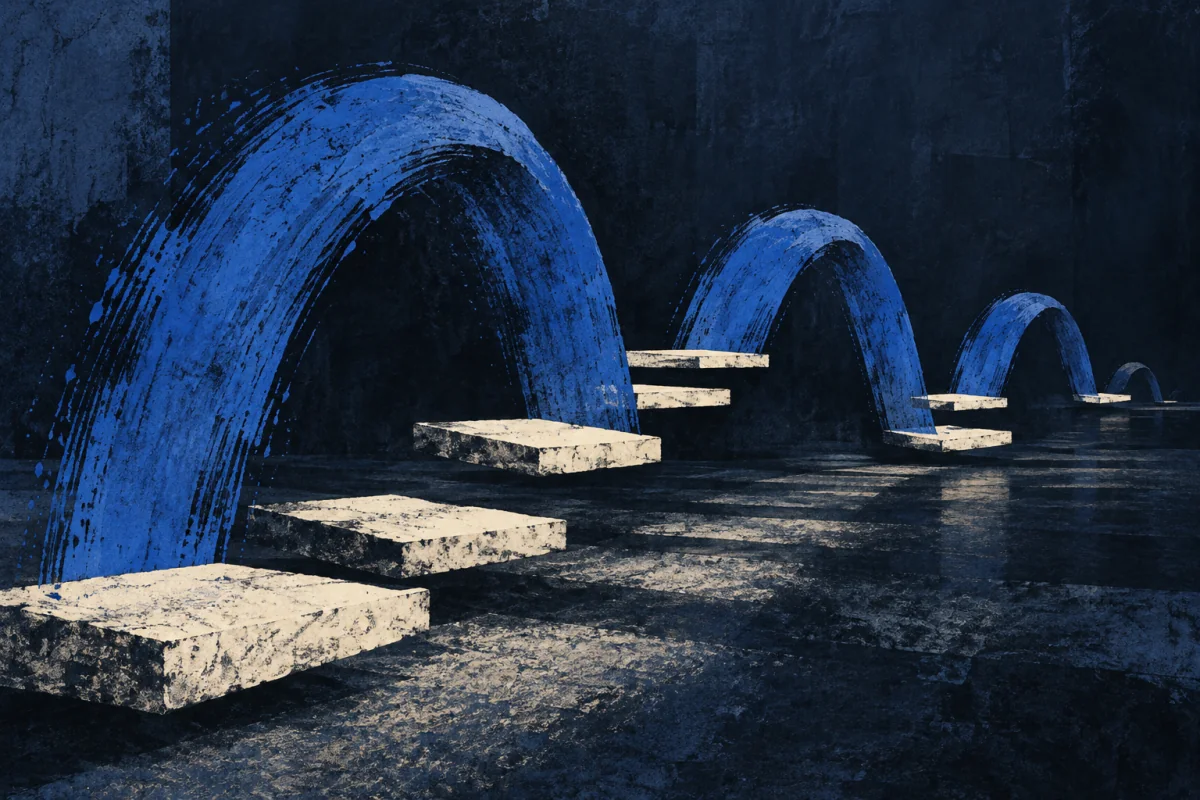 Cobalt arcs and ivory stepping slabs make a visible rhythm.