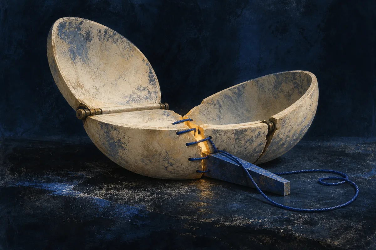 A broken pale hinged form precisely held by cobalt thread and wedge.