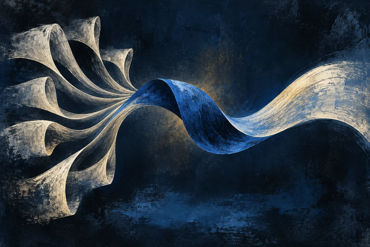 Hollow ivory forms gathering into one cobalt gesture ribbon.