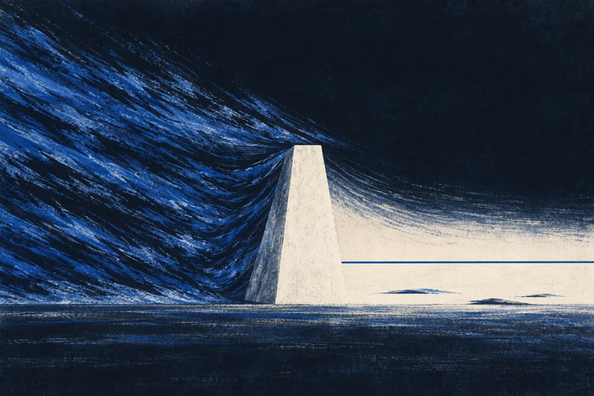 A tall pale wall stands alone on dark ground. A storm of blue streaks drives in from the left and breaks against its flank; to its right the ground lies still and pale, crossed by one level line.