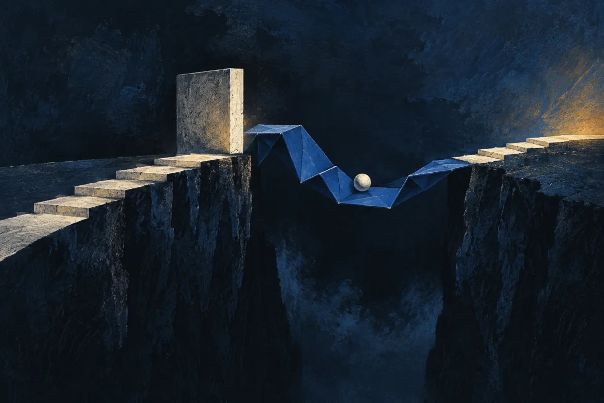 A pale path folding into a cobalt bridge over a gap.