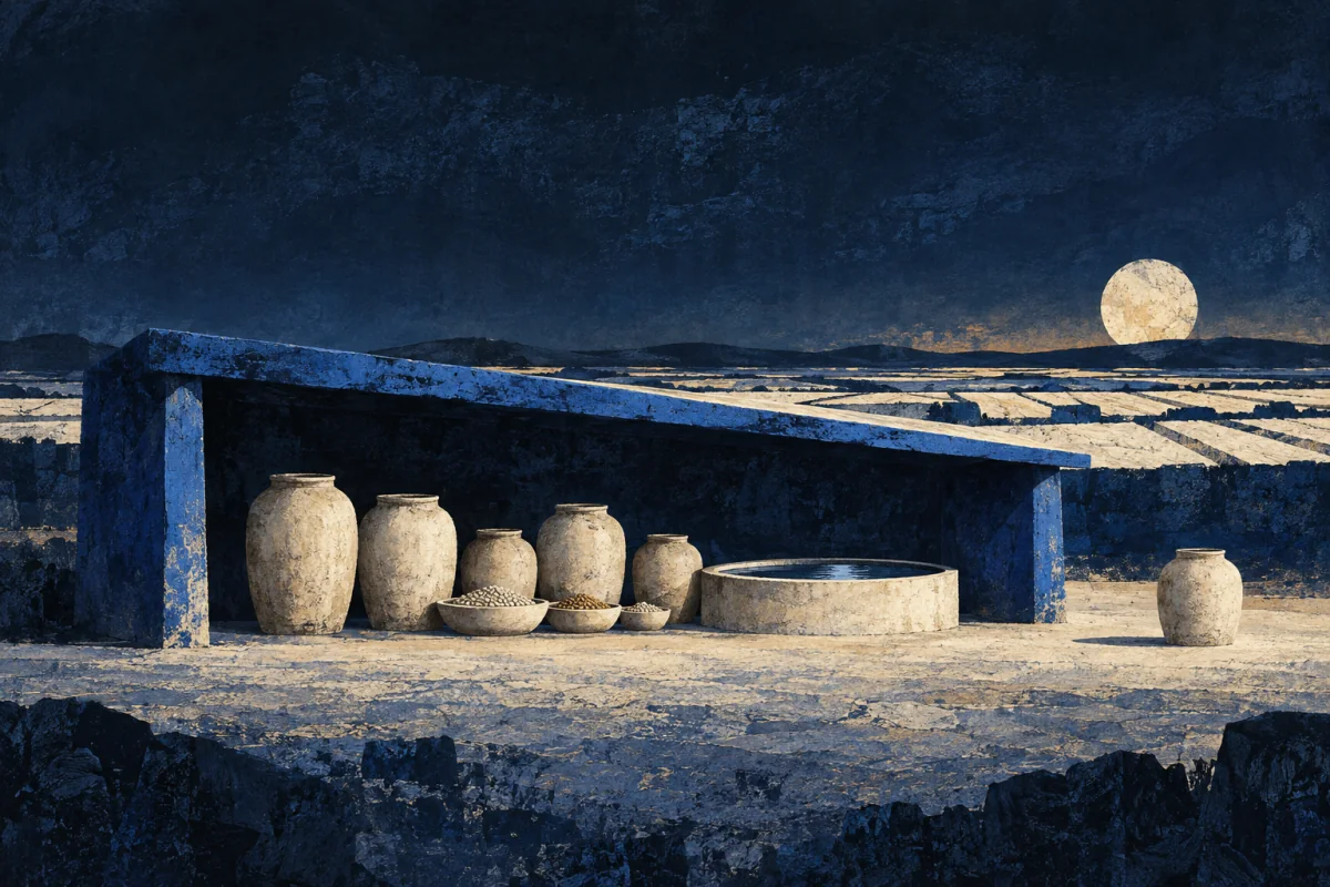 Vessels and grain-like forms gathered under a cobalt shelter line.