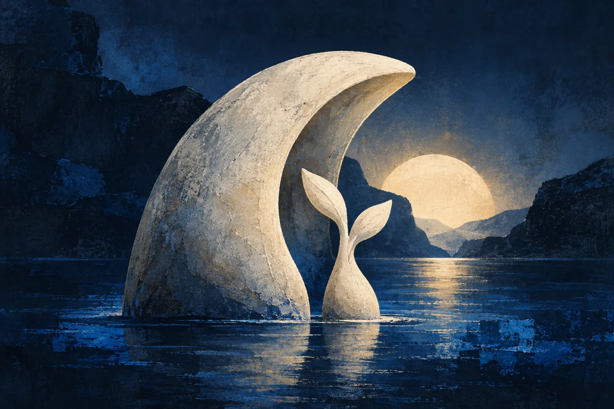 A small ivory seedling beside a curved shelter rooted in cobalt water.