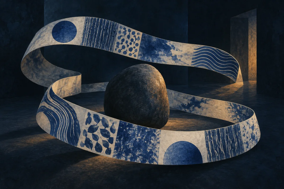 An ivory ribbon with changing cobalt motifs returning around a dark memory stone.