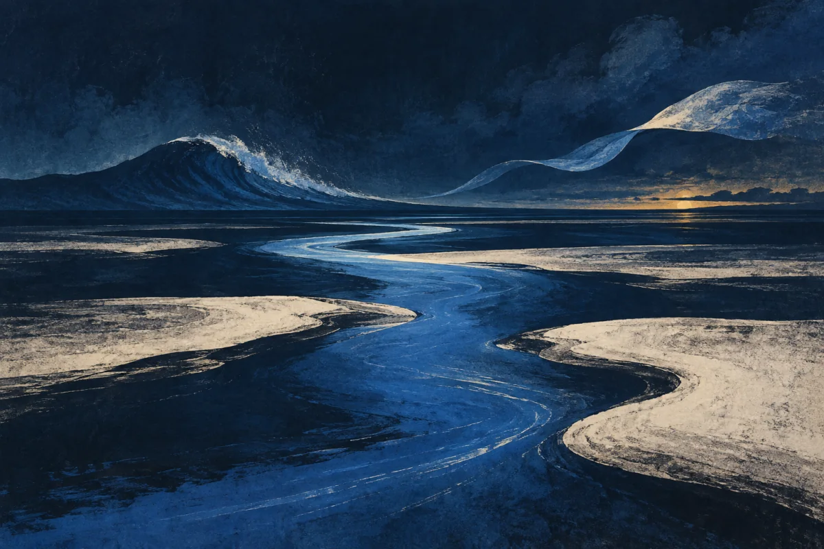 A cobalt route joining water, wind, sandbars, and a pale horizon.