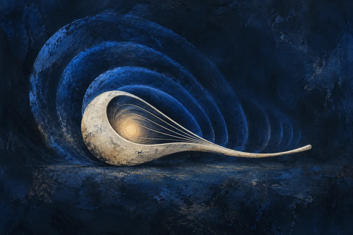 An abstract ivory stringed form resolving cobalt vibrations inwardly.