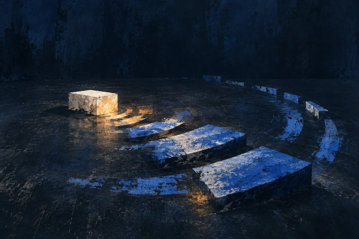 An off-centre ivory pulse-block with staggered cobalt arcs and slabs aligning.
