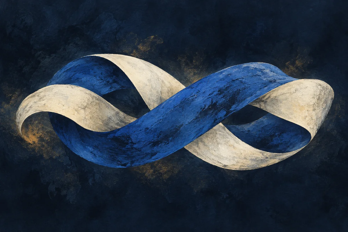 A cobalt melody ribbon and ivory strip twining into one form.