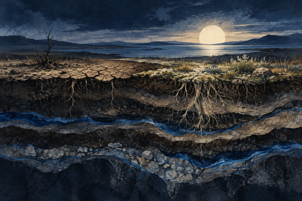 Layered ivory ground holding roots, water, dry ground, and recovery.