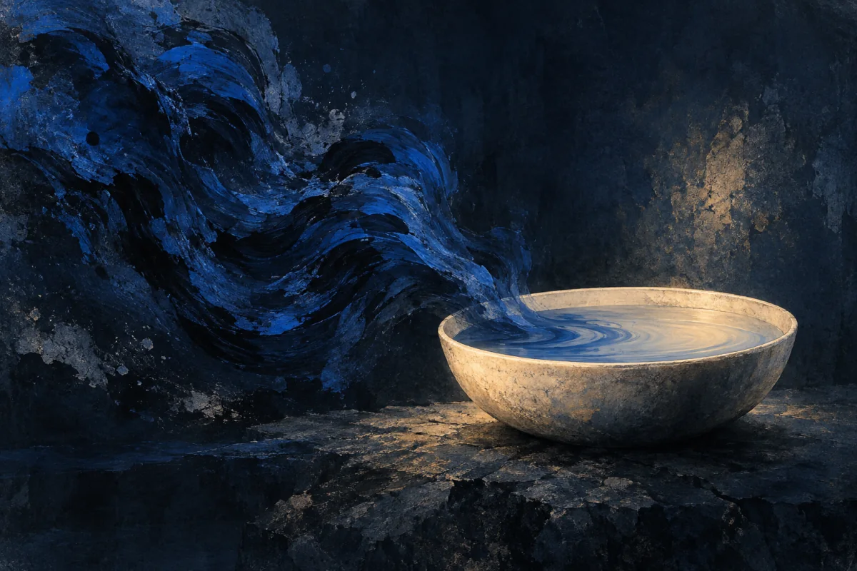 A restless cobalt brush cluster calming toward a still ivory bowl.
