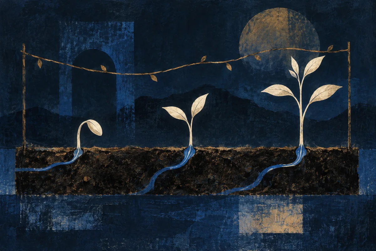 Three ivory seedlings at different stages receiving separate cobalt water channels.