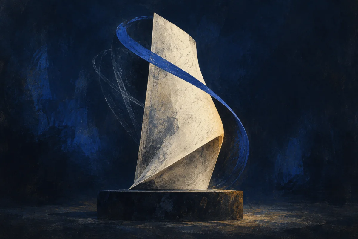 An ivory folded surface with cobalt correction curves resolving at one edge.