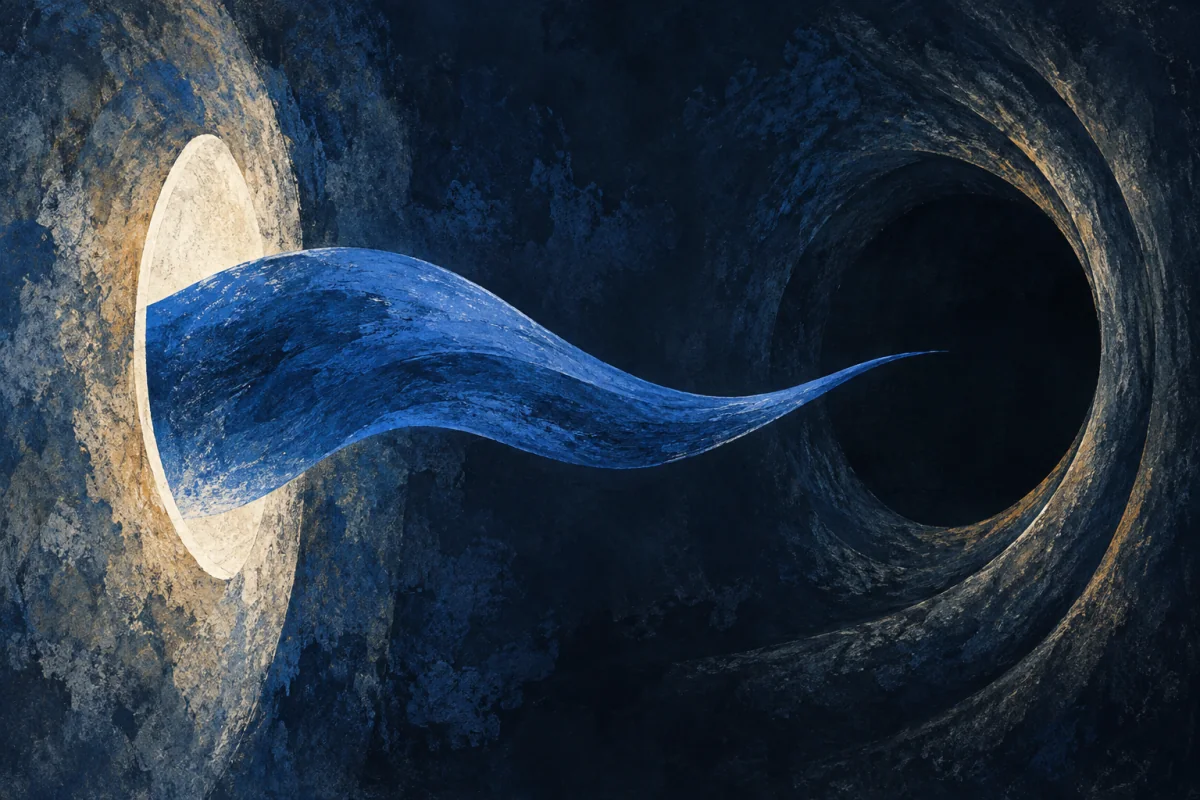 A cobalt wave leaving an ivory resonant opening toward an empty dark ring.