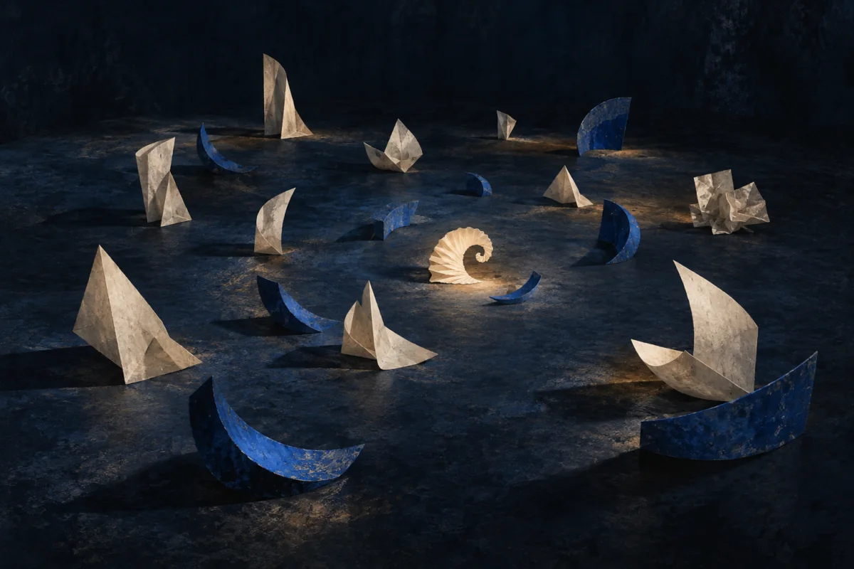 Scattered ivory folds and cobalt fragments revealing a subtle repeated rhythm.