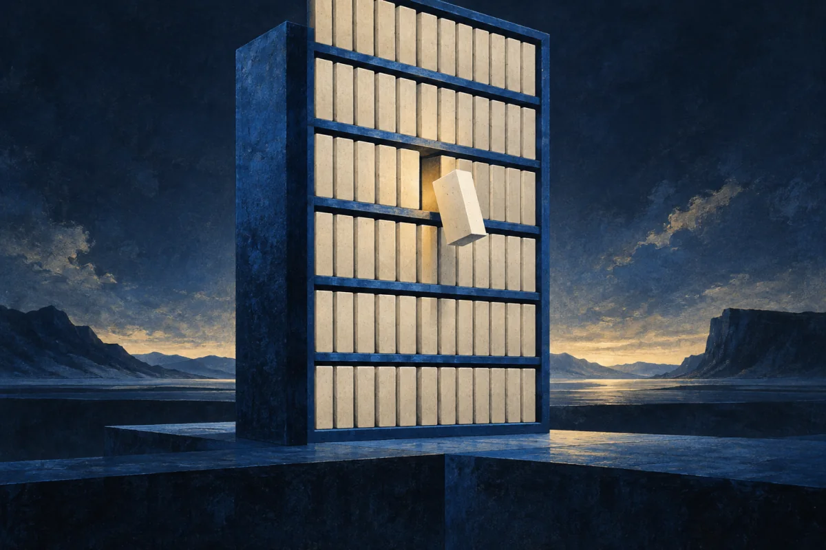 Blank ivory slips and blocks returning a displaced piece to its true place.