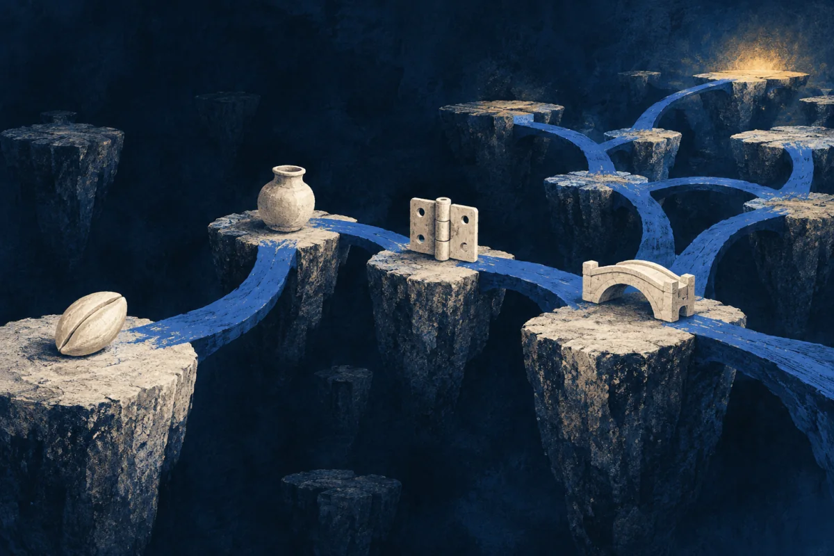 Ivory forms passing over cobalt pathways between high platforms.