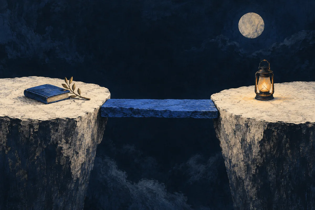 Two quiet ivory platforms sit apart in a wide midnight field, each holding a different useful object. One modest cobalt link lowers the distance between them and makes exchange possible; no people, handshake, network, nodes, bridge architecture, arrows, text, or business iconography.
