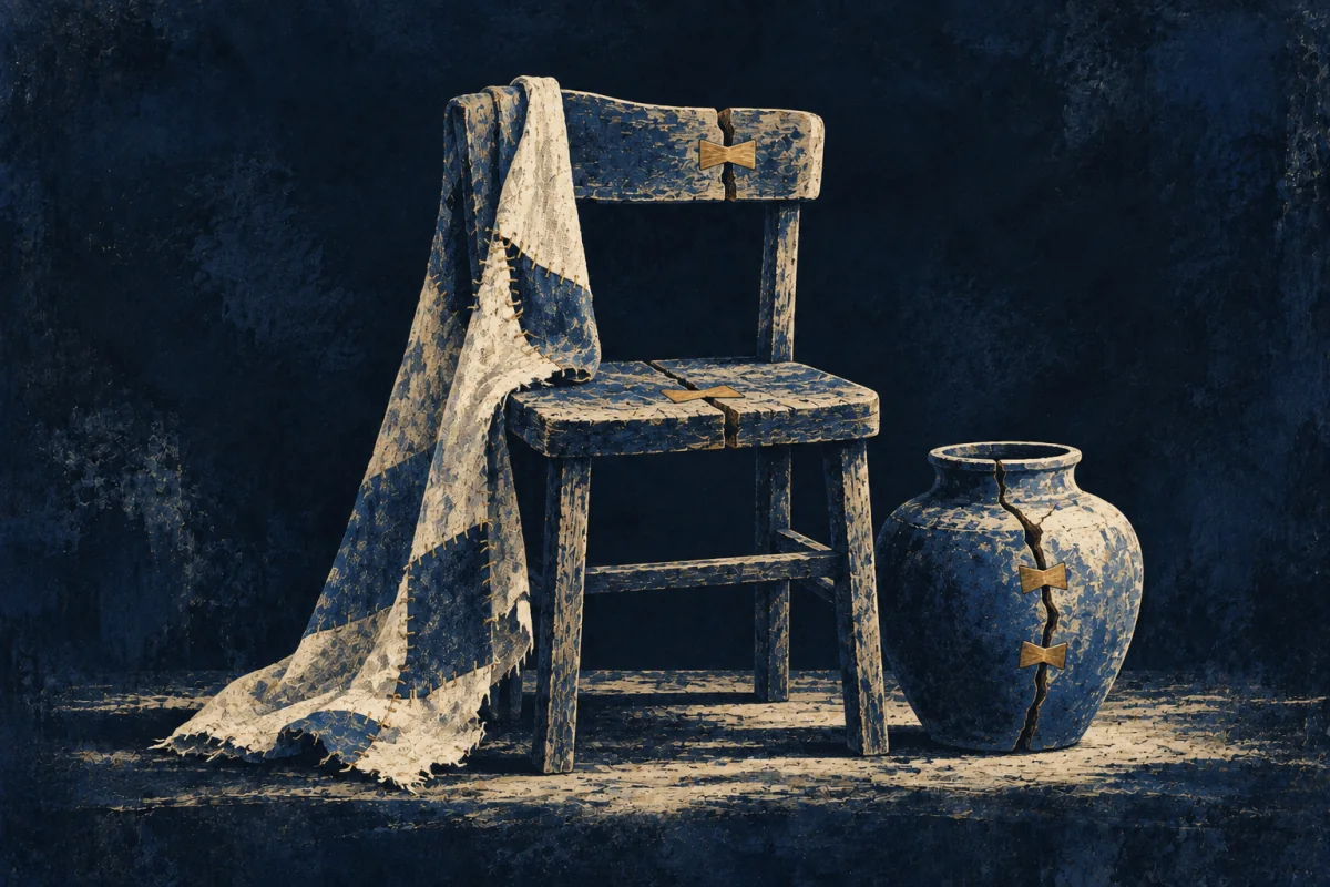 An aged-ivory vessel repaired with a precise cobalt brace, resting intact in a deep midnight field.