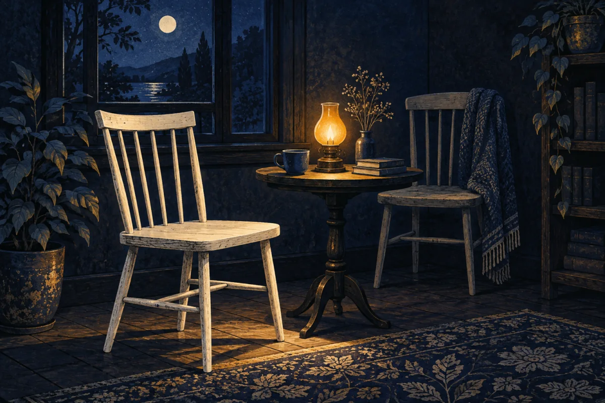 A quiet dark alcove holds two empty ivory seats and one modest amber lamp, making room for sorrow without spectacle.