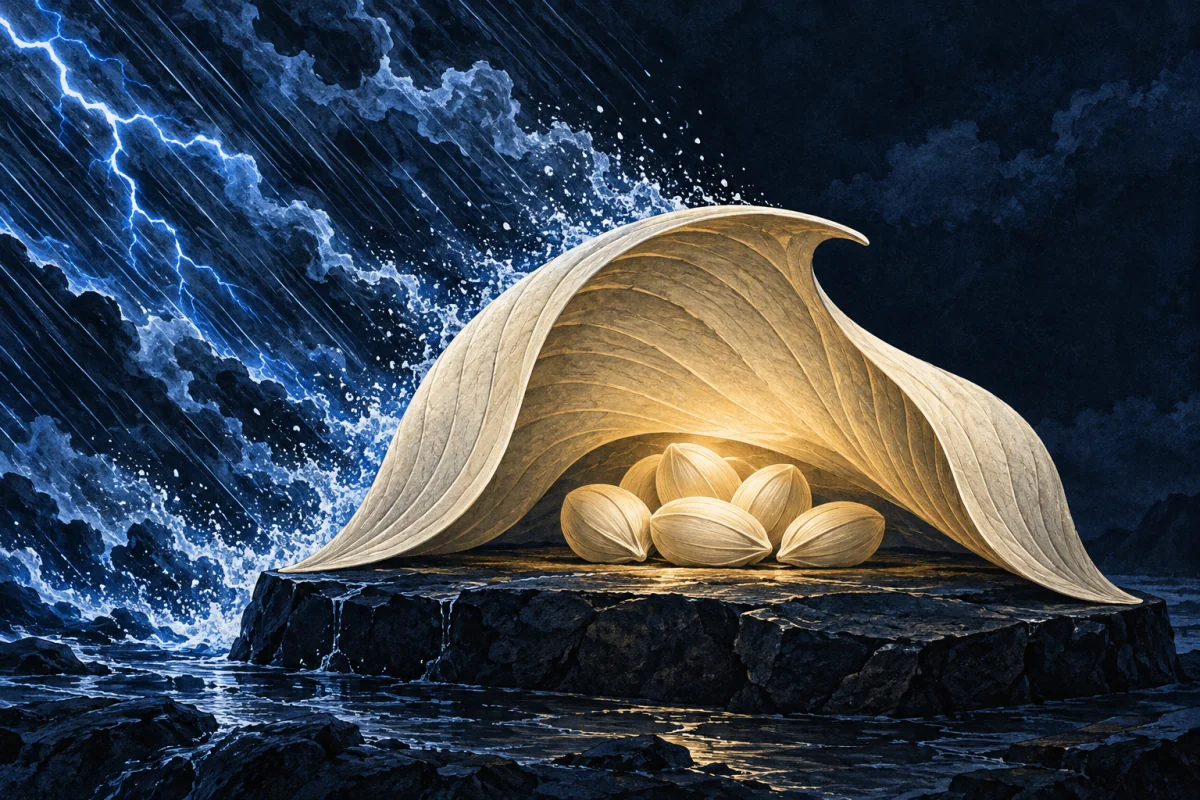 A cobalt shelter form holds a small ivory centre safe from the pressure of the surrounding midnight field.