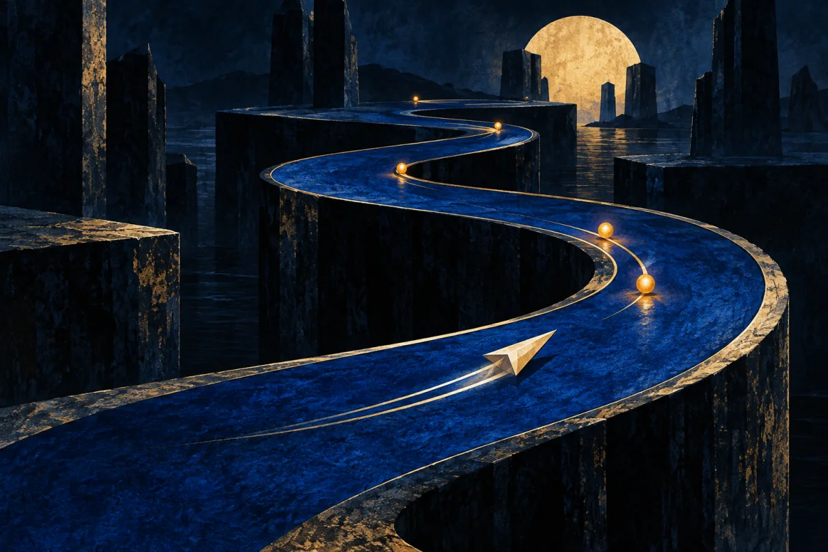 Cobalt forms cut cleanly across a compact midnight course, creating a clear sense of momentum.
