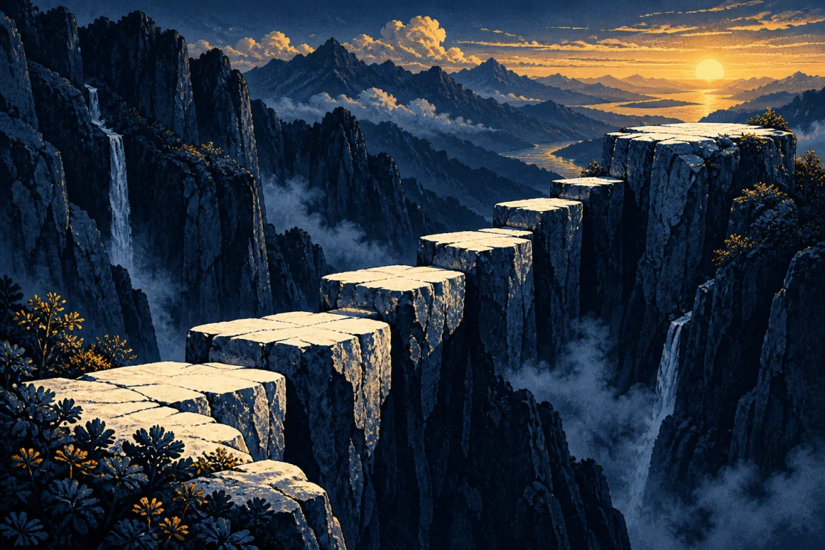 A sequence of bold ivory rises crosses a dark gap toward a bright amber opening.