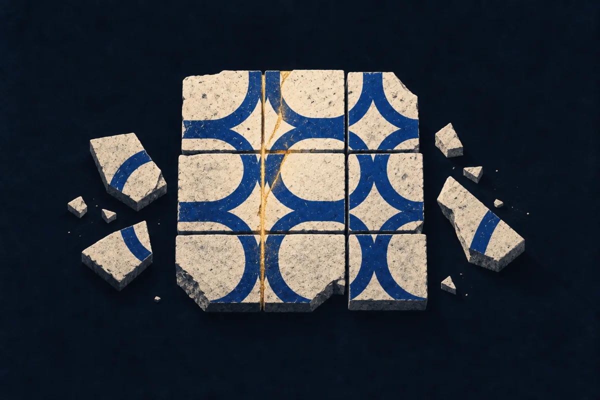 Nine ivory tiles carry a repeating pattern of cobalt arcs and circles, joined by a narrow gold seam.