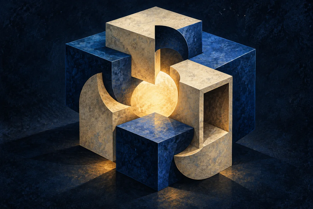 Interlocking cobalt and ivory solids reveal how several dimensions can fit together.