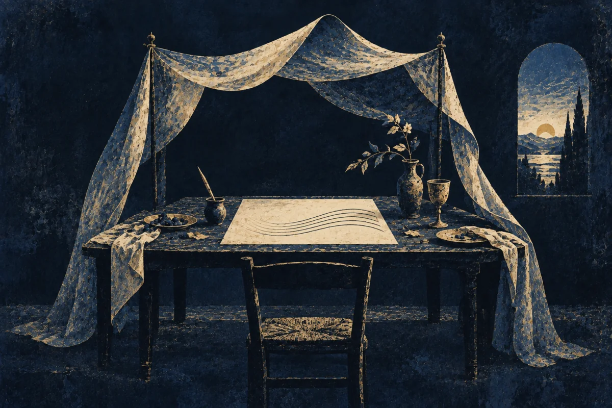A single arranged set of ivory and cobalt forms rests in a focused lamplit midnight workspace.
