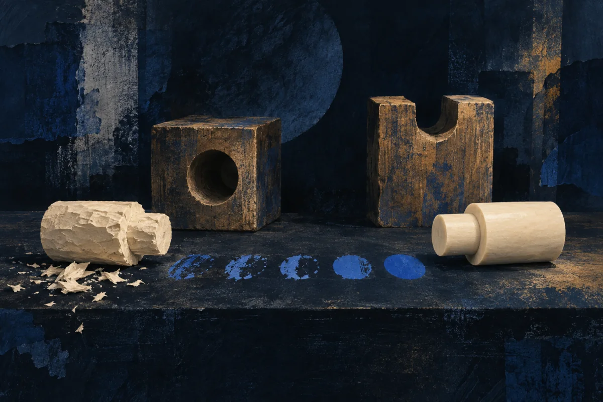 A rough ivory joint and a finished joint sit in sequence beside two simple wooden forms. Cobalt practice marks repeat between them, becoming steadier with each pass; no hands, people, classroom, lettering, or familiar branded tools.