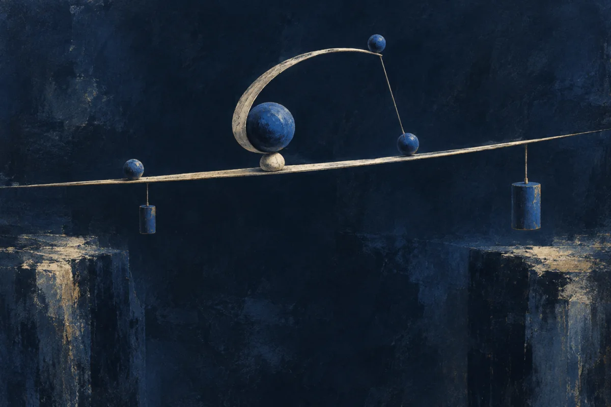 A narrow pale suspended beam crosses a deep midnight void. Several small cobalt counterweights and a flexible ivory arc sit in delicate equilibrium, with one weight just shifting and the whole structure visibly correcting.