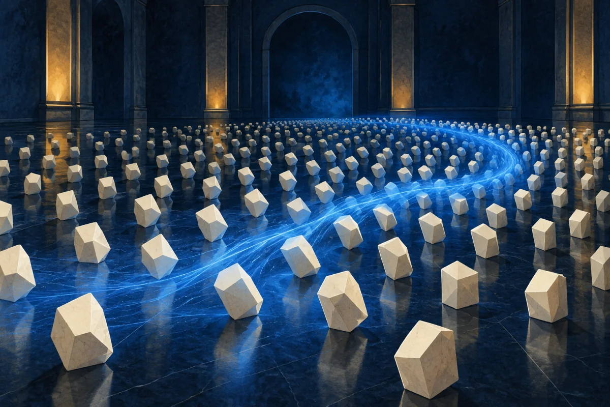 A cobalt wave brings many varied ivory forms into purposeful shared motion.