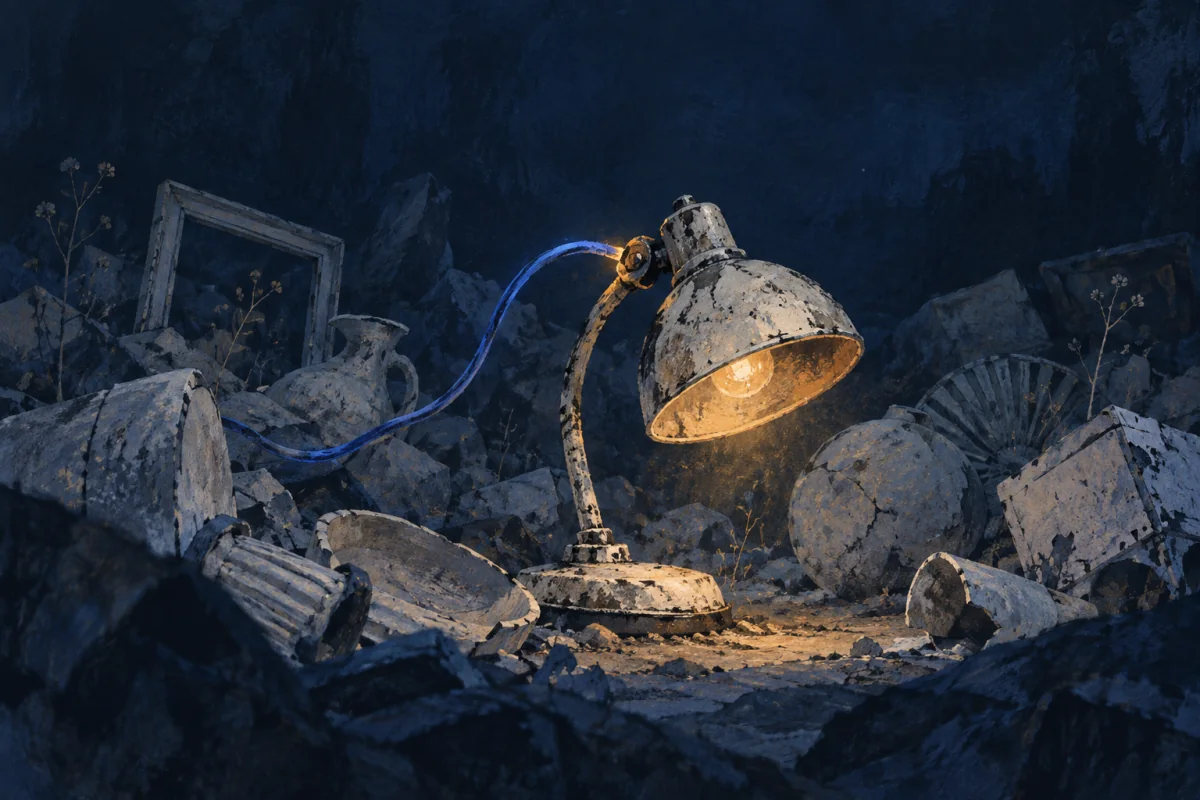A field of discarded pale objects lies dim and overlooked. One scratched, unglamorous lamp-like form reveals a small honest amber glow when a cobalt line tests its hidden connection; no coins, price tags, market, people, or text.