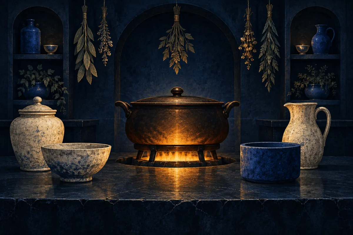 A central warm cooking vessel gathers several distinct ivory and cobalt preparation forms into one cohesive scene.