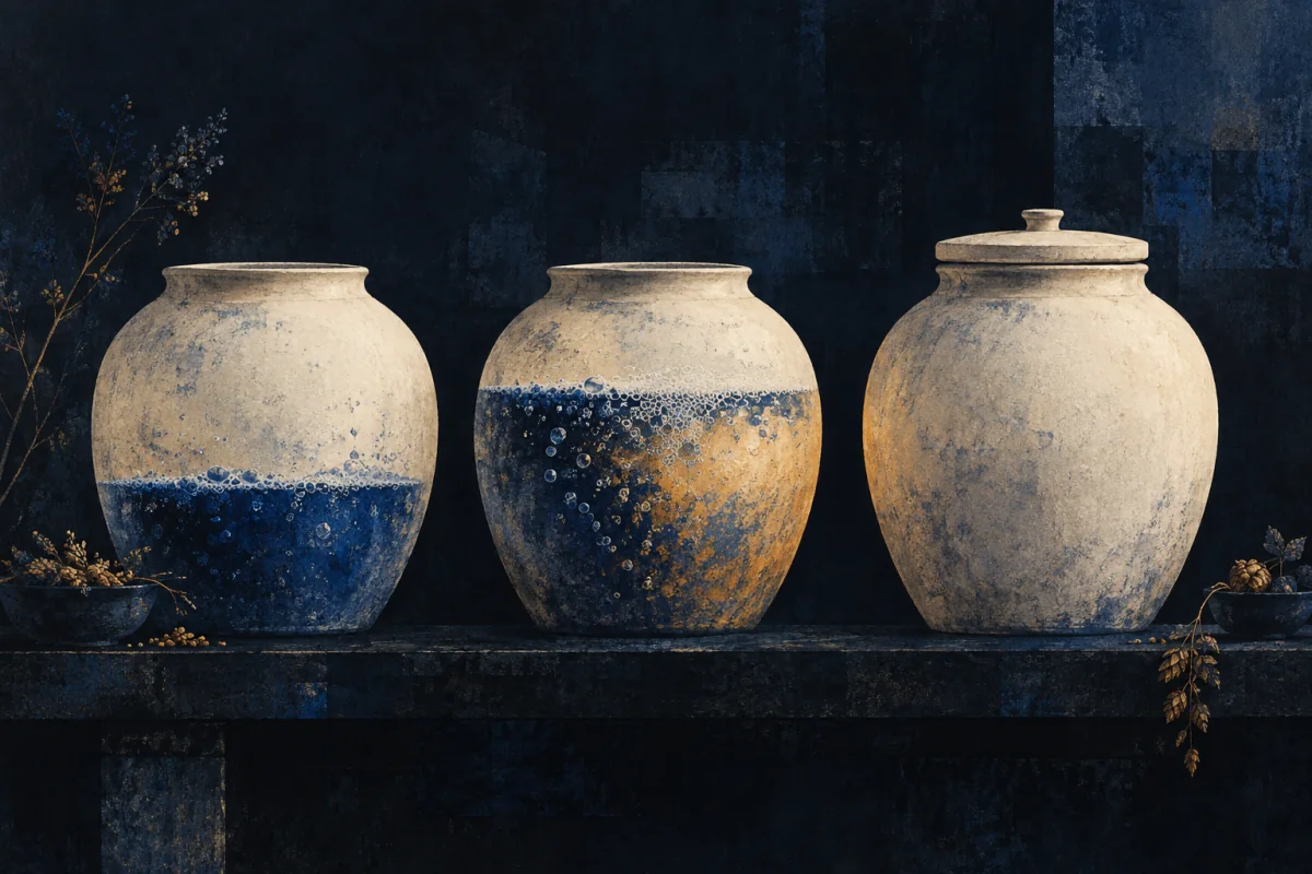 Three unmarked ivory fermentation vessels sit at different stages on a dark shelf. Fine cobalt bubbles and a restrained amber warmth show slow transformation, while the final vessel remains patiently sealed; no people, labels, letters, alcohol branding, laboratory glassware, or scientific diagram.