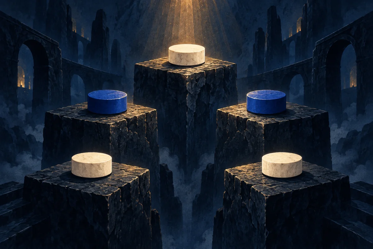 Cobalt and ivory pieces sit in a poised relational arrangement, ready for thoughtful play.