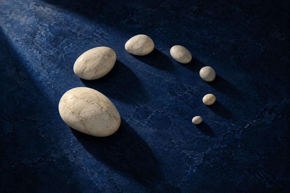 Small cobalt and ivory forms cast clear, deliberate relationships across a dark field.