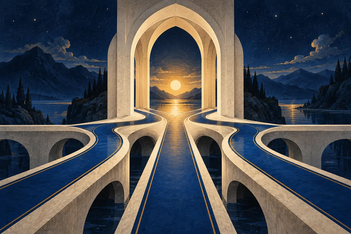 A shared ivory threshold and cobalt pathway bring several elements into one intentional gathering.