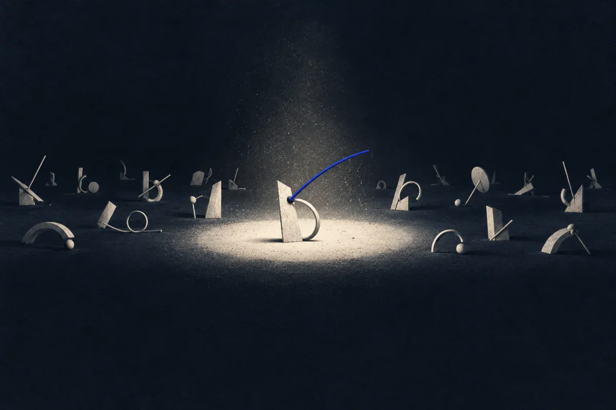 A warm pool of light on a flat surface in a large dark interior. Many small unfinished assemblies lie scattered in the shadow around it; one completed assembly stands in the light.