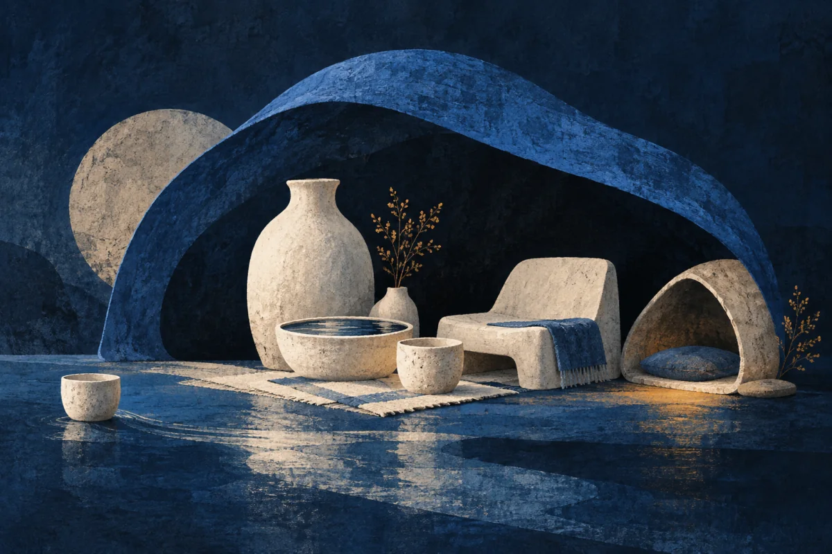 A quiet arrangement of ivory vessels, a low supportive chair-like form, water, and a protected resting place is kept in readiness under one cobalt shelter line. One overlooked empty cup is gently brought back within reach; no person, body, clinic, domestic scene, labels, or text.