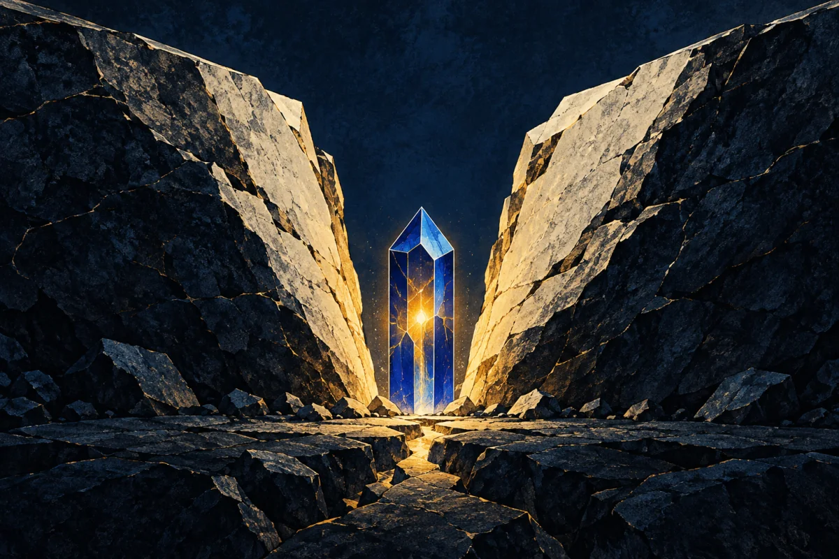 A cobalt resonance prism opens a clear space between pressure-bearing dark and ivory slabs.