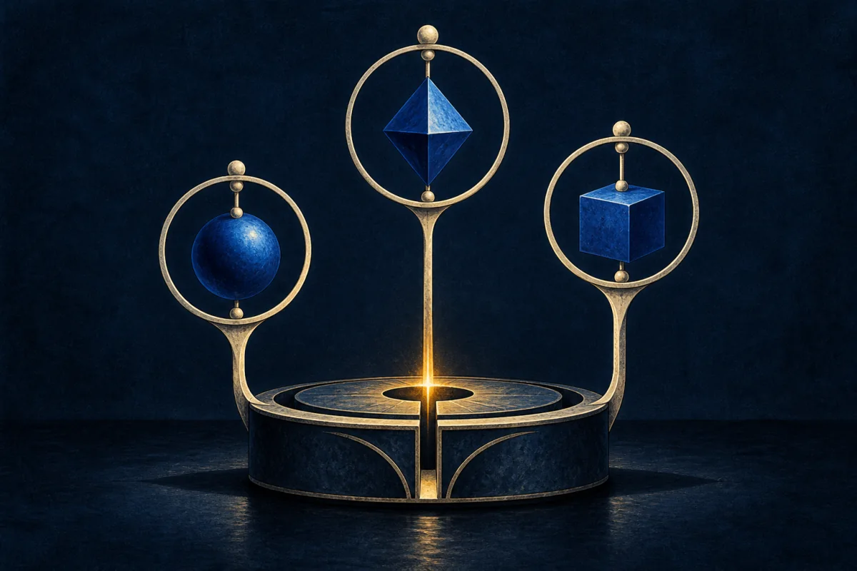 Three calibrated ivory balance frames bring distinct cobalt forms into a single clear alignment.