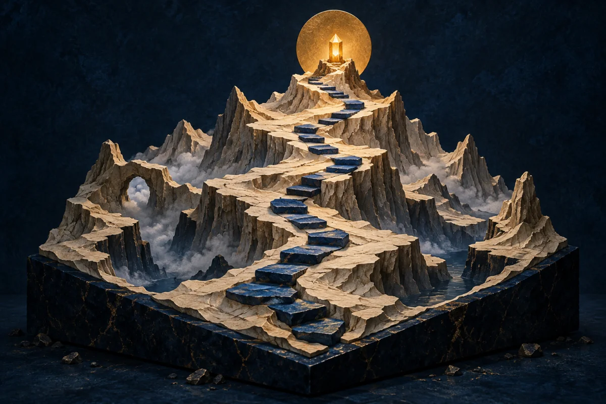 A layered ivory terrain model carries a crisp cobalt stepping sequence toward a restrained amber beacon.