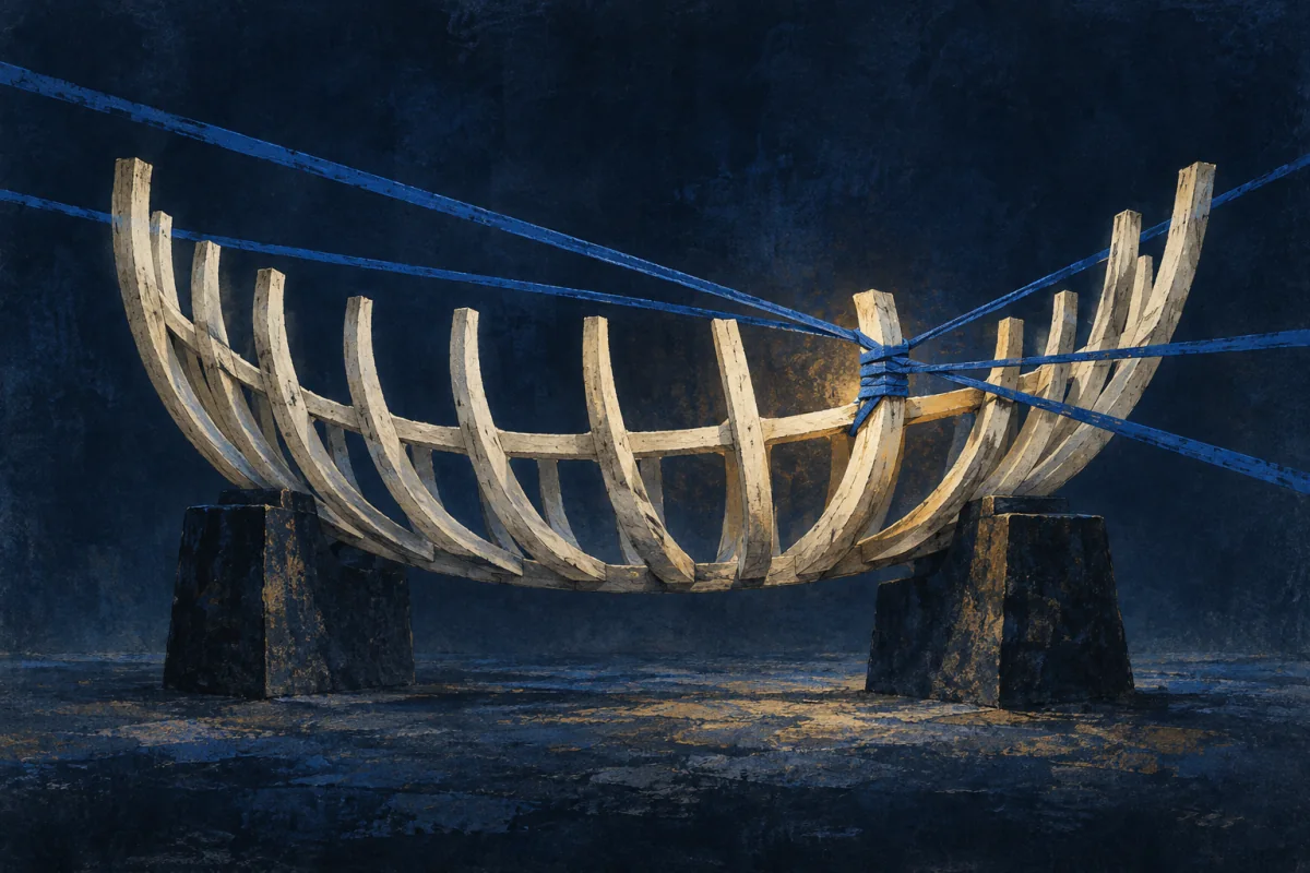 An unfinished ivory hull-like rib structure spans two dark supports. Cobalt load lines press against it as one joint is strengthened, and the form holds without bending; no boat at sea, person, tools, blueprint, lettering, or technical diagram.