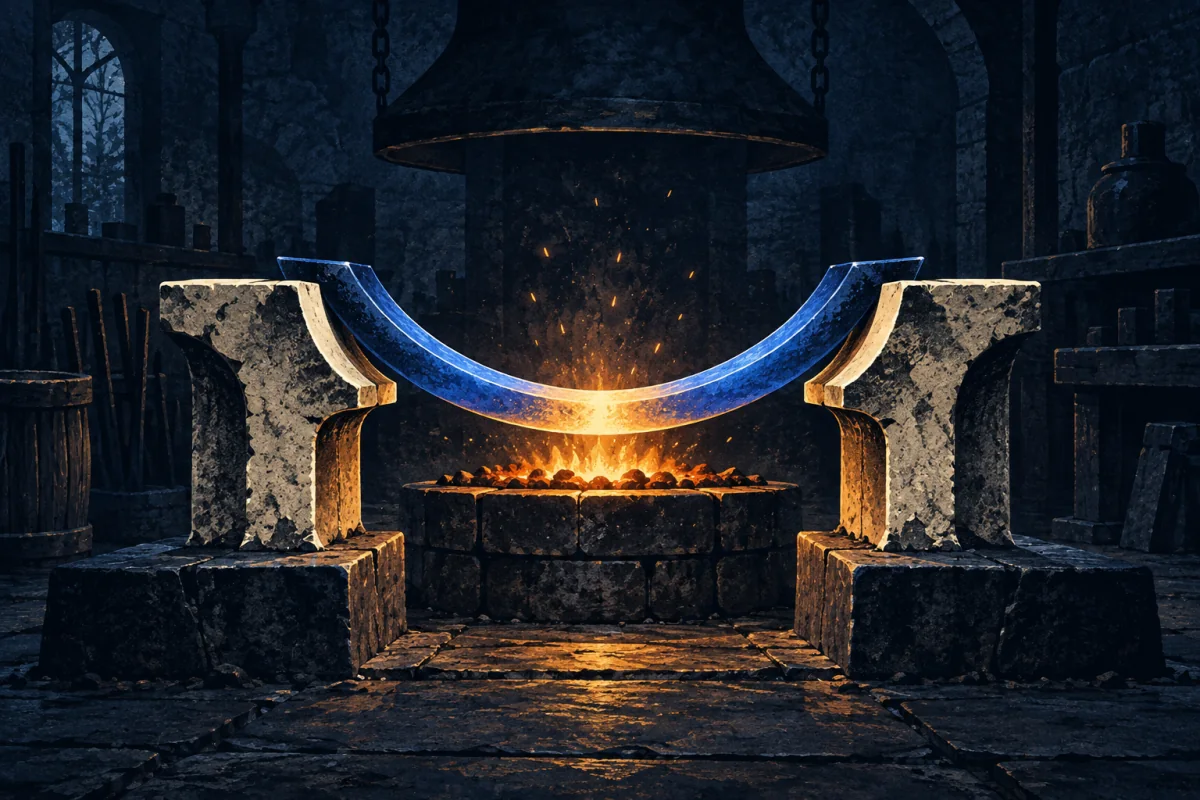 Two firm ivory supports shape a heated cobalt arc over a controlled amber forge glow.