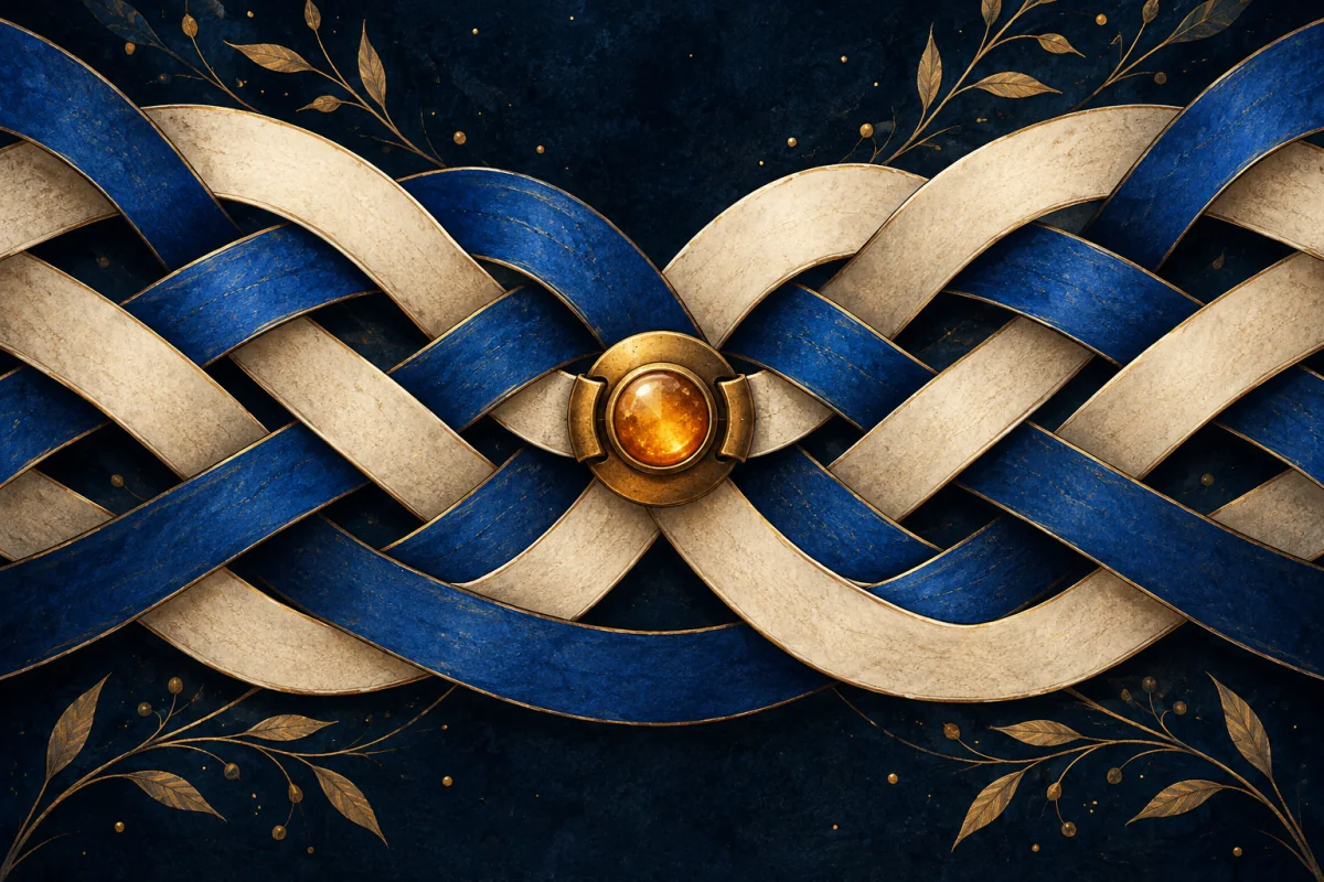 Precise ivory and cobalt ribbons interlace into a coherent field held by an amber clasp.