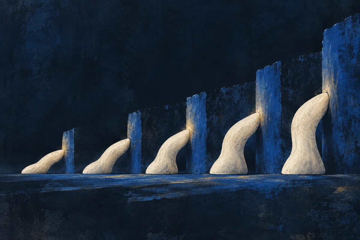 A sequence of low ivory forms repeats the same lift against gradually increasing cobalt resistance. Each station grows steadier and more exact rather than more dramatic; no person, body, gym, weights, sports equipment, numbers, or diagram.